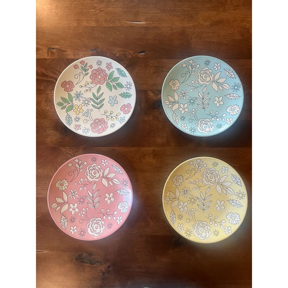 Set of 4 Colorful Floral Salad Dessert Plates Cottagecore Botanical